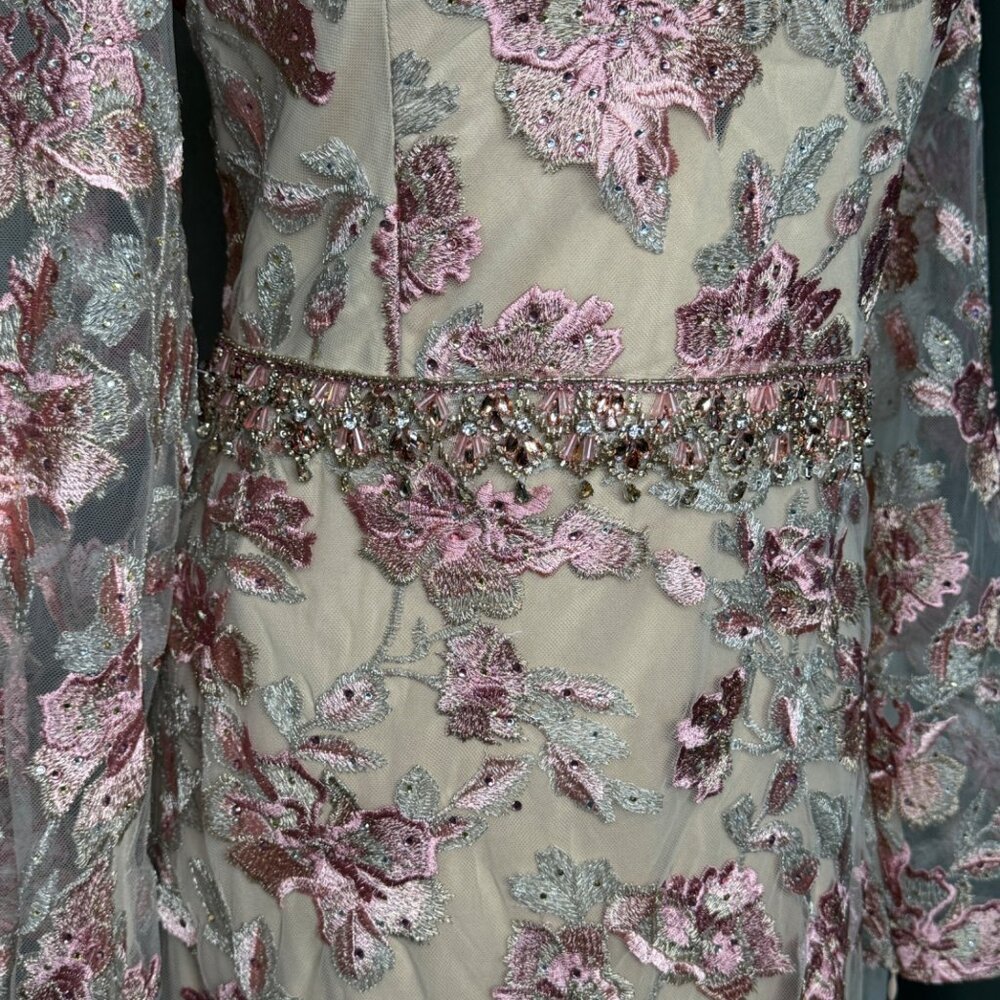 Mac Duggal Floral Embroidered Nude Rose Illusion Long Sleeve Trumpet Size 14 NEW - Picture 4 of 16